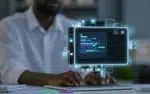 Introduction to Super Intelligence for Federal Professionals 13 Professional typing on a laptop below a holographic SI code window with grid and data panels