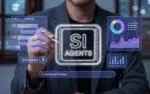 Building Super Intelligence Agents for Federal Project Management 4 Professional touching a holographic SI Agents chip surrounded by Chat SI, SI Assistant and analytics panels