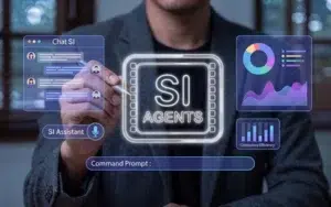 Building Super Intelligence Agents for Federal Project Management 8 Professional touching a holographic SI Agents chip surrounded by Chat SI, SI Assistant and analytics panels