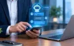 ChatGPT for Federal Workplace Productivity and Efficiency 6 Professional using a smartphone with a holographic SI Chatbot conversation and robot icon
