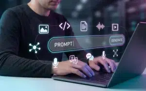 GenSI Prompt Engineering for Federal Text and Visual Content 27 Person typing on a laptop with a glowing Prompt and Generate bar surrounded by image, code, document, audio and video icons