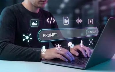 GenSI Prompt Engineering for Federal Text and Visual Content 4 Person typing on a laptop with a glowing Prompt and Generate bar surrounded by image, code, document, audio and video icons
