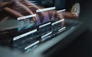 Super Intelligence Ethics, Risk Management, and Governance in Government 40 Holographic SI analytics dashboard with model diagnostics, charts and a decision summary prompt above a keyboard
