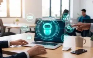 Leading Super Intelligence Adoption and Integration in Federal Agencies 35 Coworkers at an office desk with a laptop showing a friendly SI assistant robot linked to email, calendar, files and settings icons