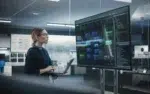 Creating Professional Presentations with Super Intelligence 7 Federal professional with a laptop reviewing a workflow diagram on a large screen in an operations center