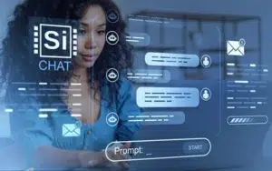 Super Intelligence for Emotional Intelligence and Federal Workplace Relationships 42 Woman using an SI chat assistant with chat bubbles, robot icons and a prompt bar on screen