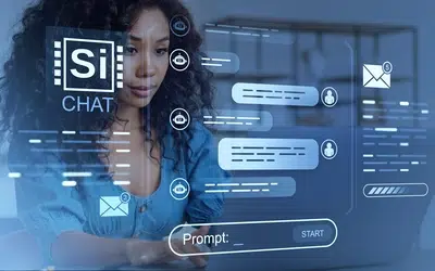 Super Intelligence for Emotional Intelligence and Federal Workplace Relationships 4 Woman using an SI chat assistant with chat bubbles, robot icons and a prompt bar on screen
