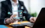 Strategic Super Intelligence Leadership Series for Federal Executives 15 Business professional at a laptop with floating SI icons, an analytics dashboard and automation symbols