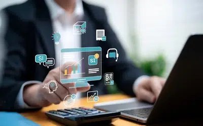 Super Intelligence Leadership Essentials for Federal Managers 3 Business professional at a laptop with floating SI icons, an analytics dashboard and automation symbols