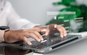 Super Intelligence for Business Writing and Professional Documents 41 Hands typing on a laptop with transparent chat, data and Generate prompt windows above the keyboard