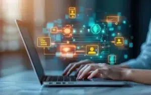 AI-Powered Business Communication Series 12 Hands typing on a laptop with glowing AI communication, profile and data icons connected in a network