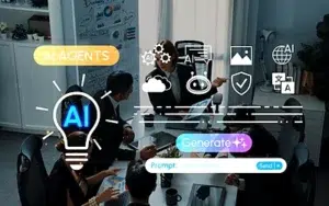 AI for Smarter Business Communication Strategies 9 Team meeting with an AI agents lightbulb, prompt bar and generate button overlaid