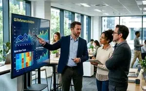 Business Analytics Fundamentals: Insights for Smarter Decisions 5 Presenter explaining a performance analysis dashboard to colleagues in a modern office