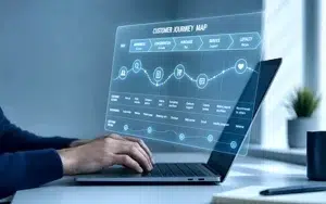 Creating Customer Journey Maps for Exceptional Experiences 32 Professional on a laptop with a customer journey map displayed above the keyboard
