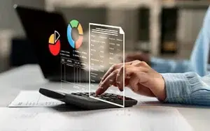 Data Literacy Fundamentals: Make Confident Informed Decisions 11 Professional using a calculator beside floating charts and a data report