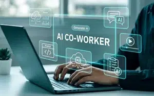 Generative AI for Workplace Productivity: Maximize Efficiency 25 Professional typing on a laptop with an AI co-worker interface and digital task icons