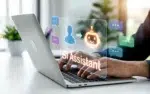GenSI for Federal Workplace Productivity 10 Hands typing on a laptop with an SI Assistant chatbot and message bubbles