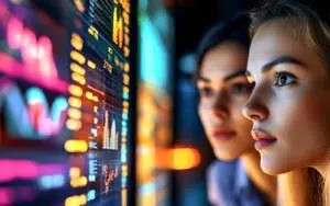 Super Intelligence for Spreadsheets: Analysis and Automation 46 Two women analyzing colorful data charts on a screen